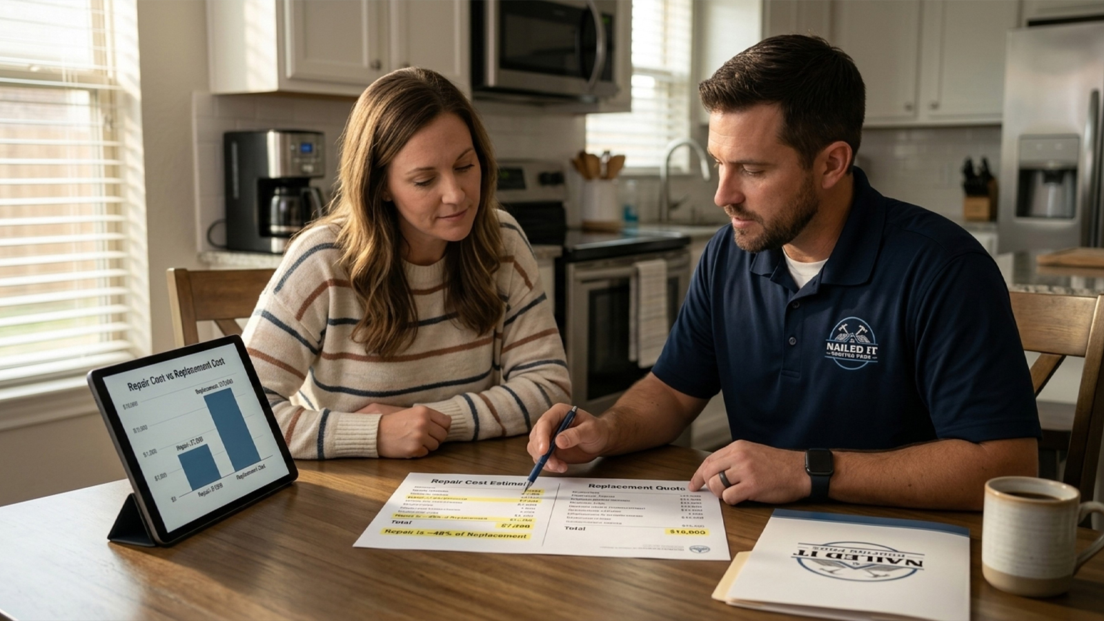 Contractor explains the 50% rule for roof replacement to a homeowner while reviewing repair and replacement cost estimates