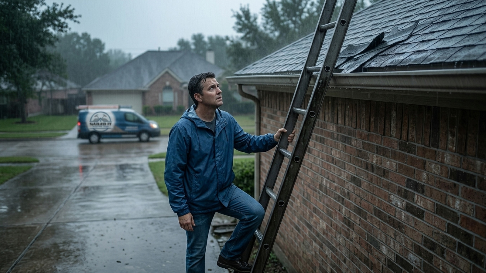 Houston homeowner hesitates before climbing a wet ladder to inspect a storm-damaged roof leak