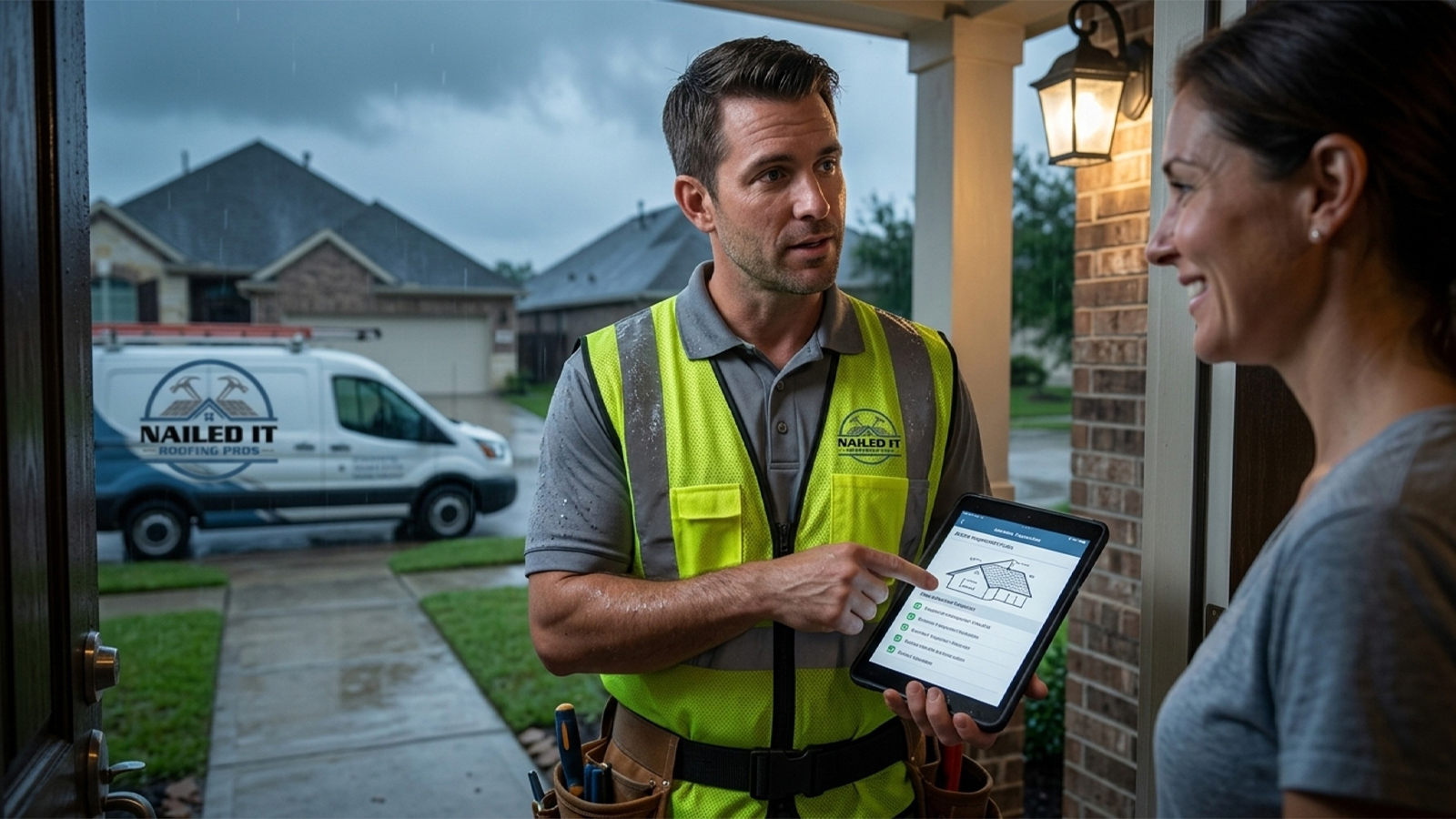 Nailed It Roofing Pros technician responds to a Houston homeowner during a storm to assess a roof leak