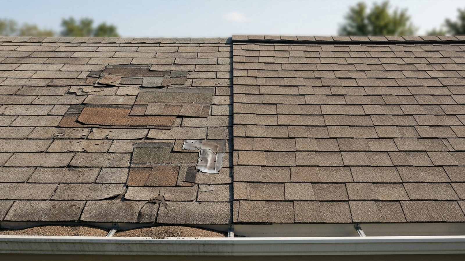 Side-by-side roof comparison showing patched repairs versus new shingles illustrating the 3-repair rule before replacement