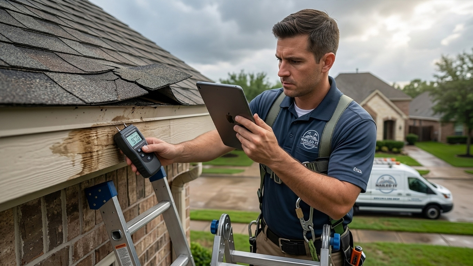 Technician documents storm damage during a roof leak inspection for a Houston insurance claim